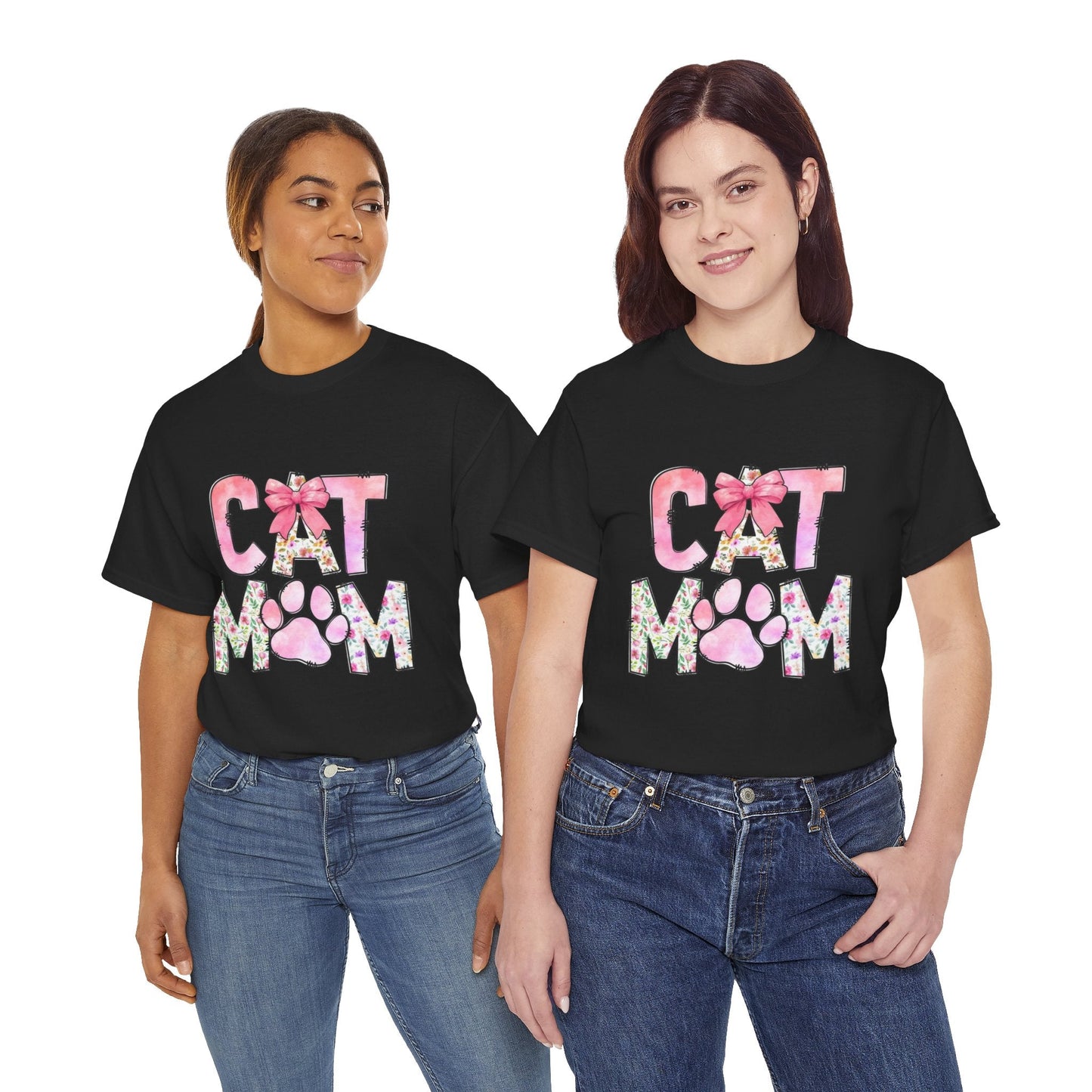 Cat Mom Unisex Heavy Cotton Tee - Floral Design for Pet Lovers