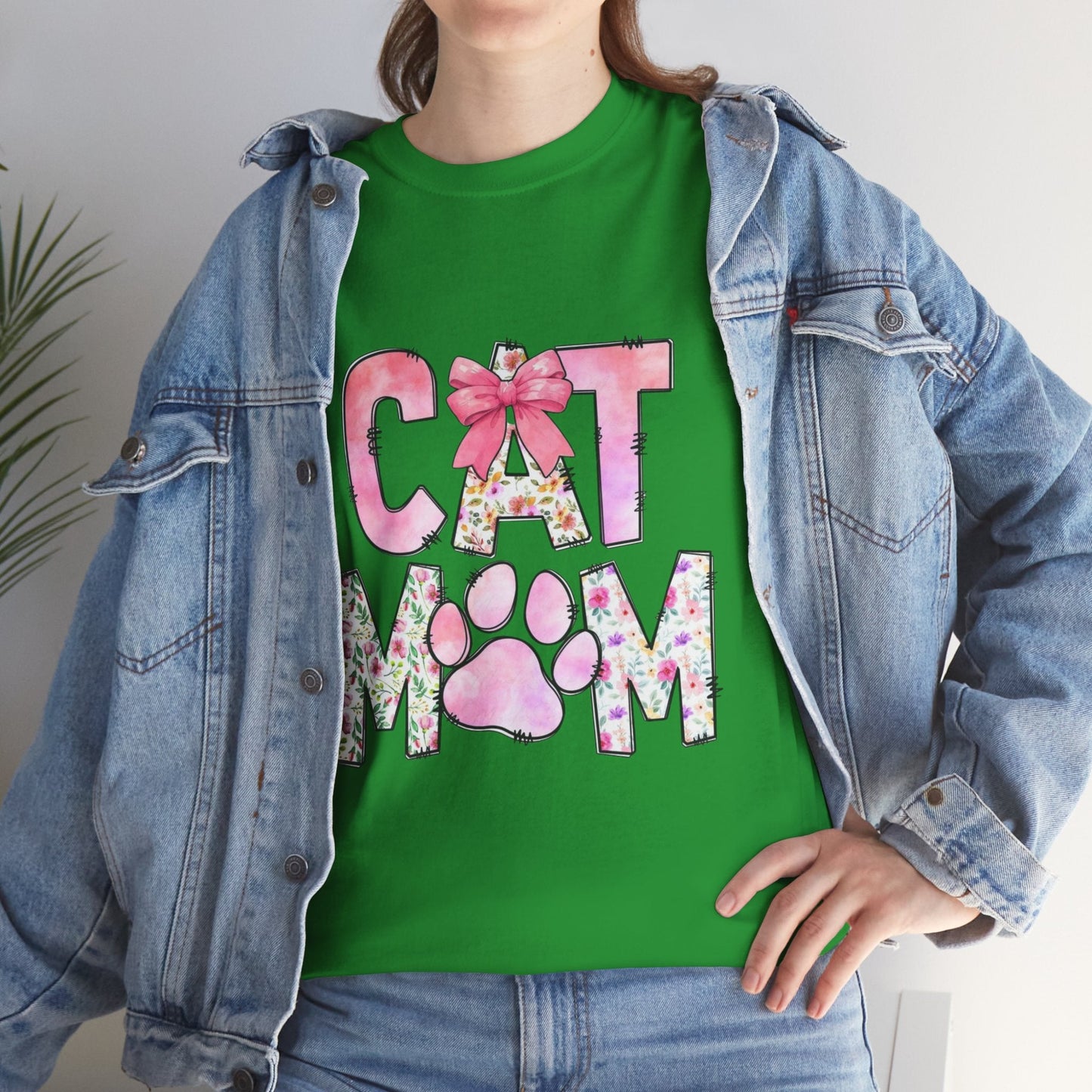 Cat Mom Unisex Heavy Cotton Tee - Floral Design for Pet Lovers