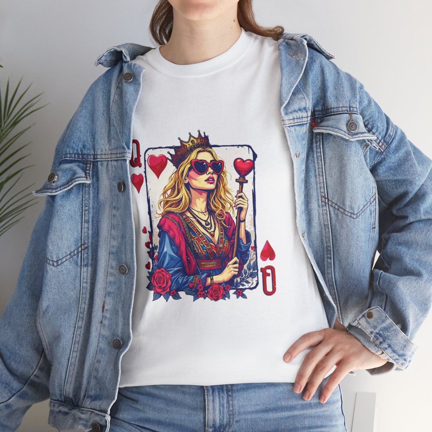 Queen of Hearts Unisex Heavy Cotton Tee - Bold Graphic T-Shirt for Card Game Lovers