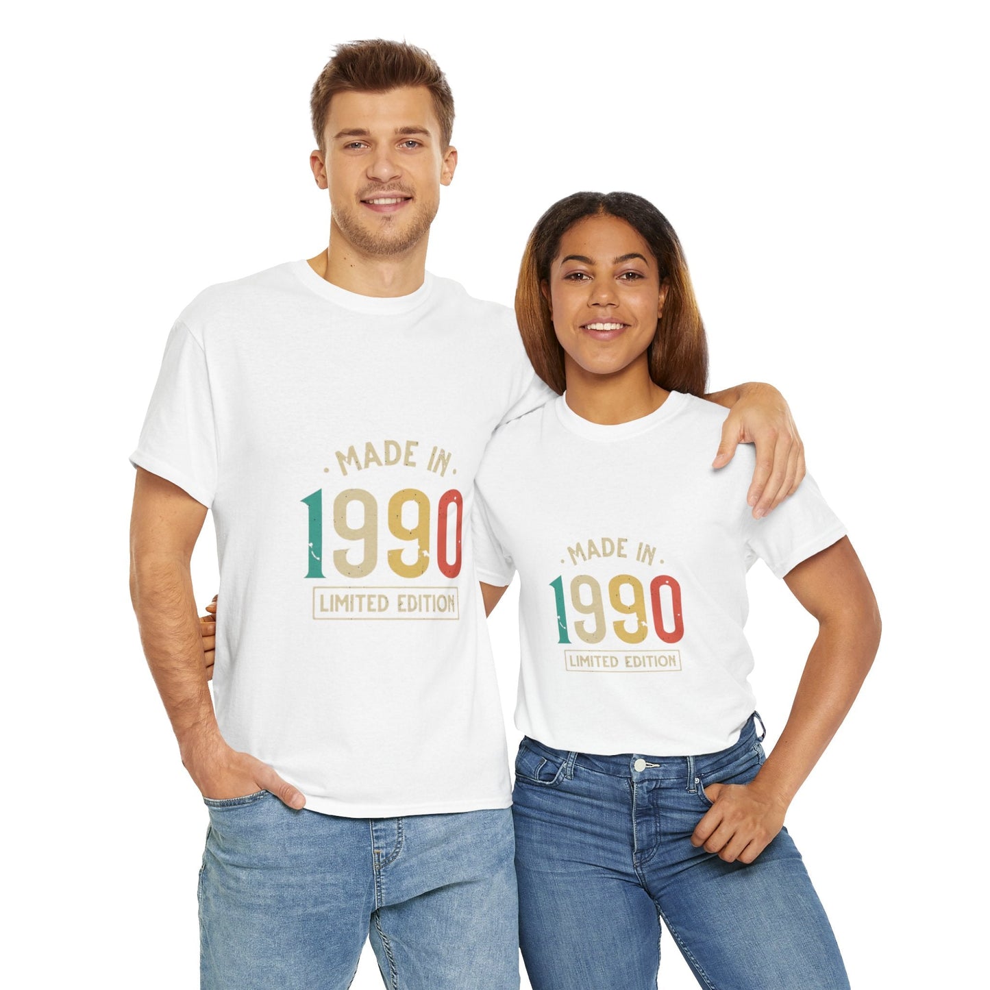 1990 Limited Edition Unisex Heavy Cotton Tee in retro vintage style, worn by a smiling man and woman.