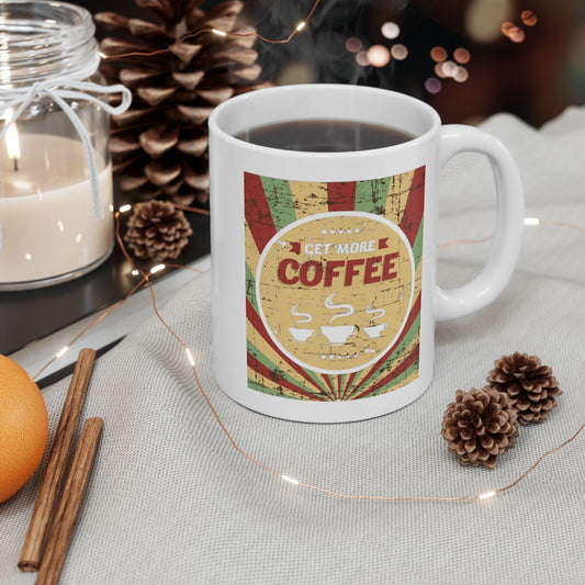 Retro Coffee Lovers Ceramic Mug with vibrant design and glossy finish, available in 11oz and 15oz sizes.