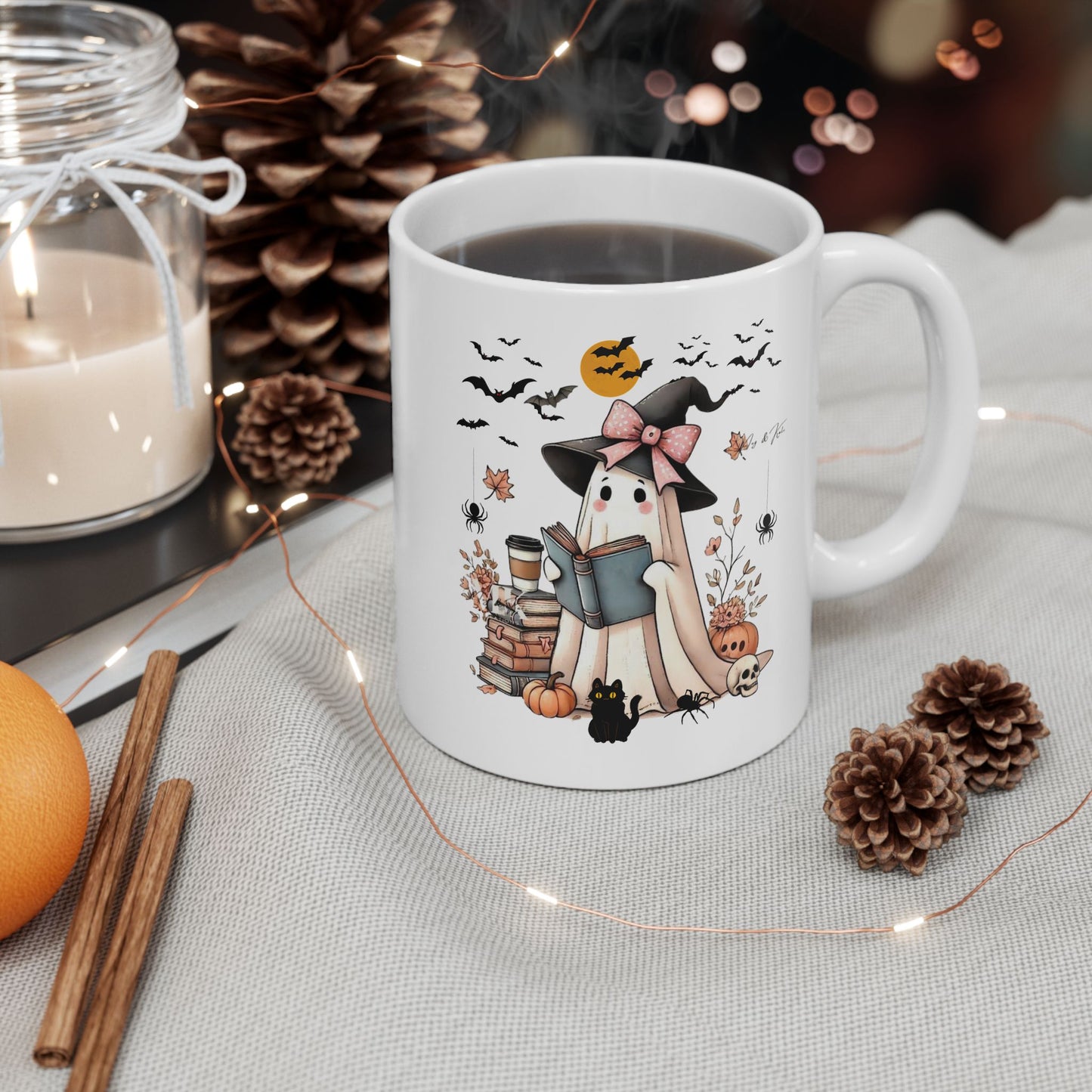 Ghost Book Mugs, Ghost Reading Halloween Mugs with Coffee