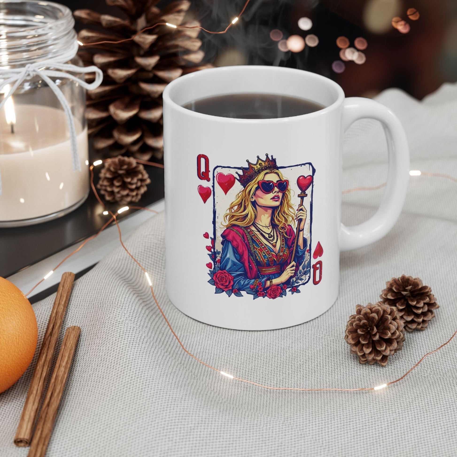 Queen of Hearts Ceramic Mug – Stylish white coffee cup with a bold heart-themed design