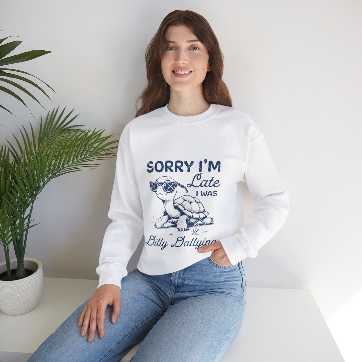 Unisex crewneck sweatshirt with "Sorry I'm Late" turtle design, funny and cozy for casual wear.