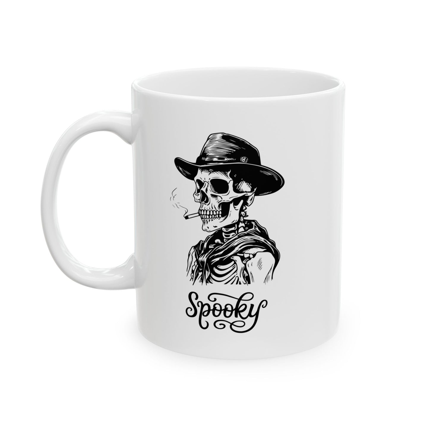 Spooky Season Skeleton Mugs, Cool Skeleton Smoking Cigarette Mugs, Pumpkins Halloween Mugs, Spooky Skeleton Design, Halloween Party Mugs, Trendy Fall Tee