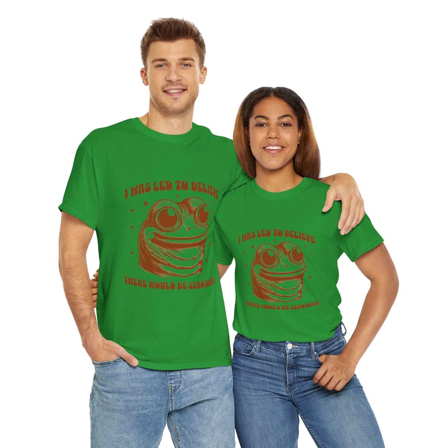 Funny Frog Tee - "I Was Led to Believe There Would Be Serotonin" - Unisex Heavy Cotton T-Shirt