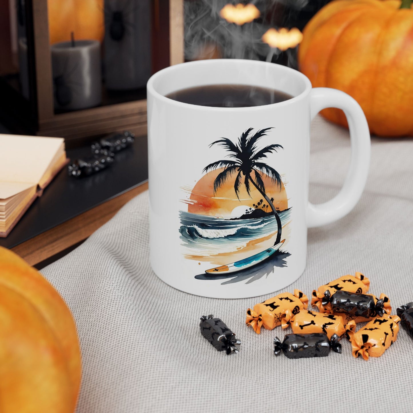 Tropical Sunset Ceramic Mug, Beach-Inspired Coffee Cup, Perfect Gift for Surf Lovers