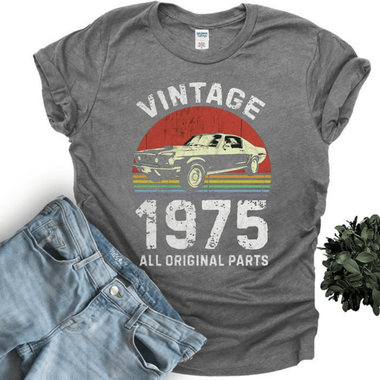 Vintage 1975 graphic unisex heavy cotton tee featuring classic car design.