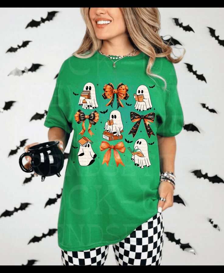 Book Ghost Halloween Shirt with cute ghost and bow designs, ideal Halloween gift.