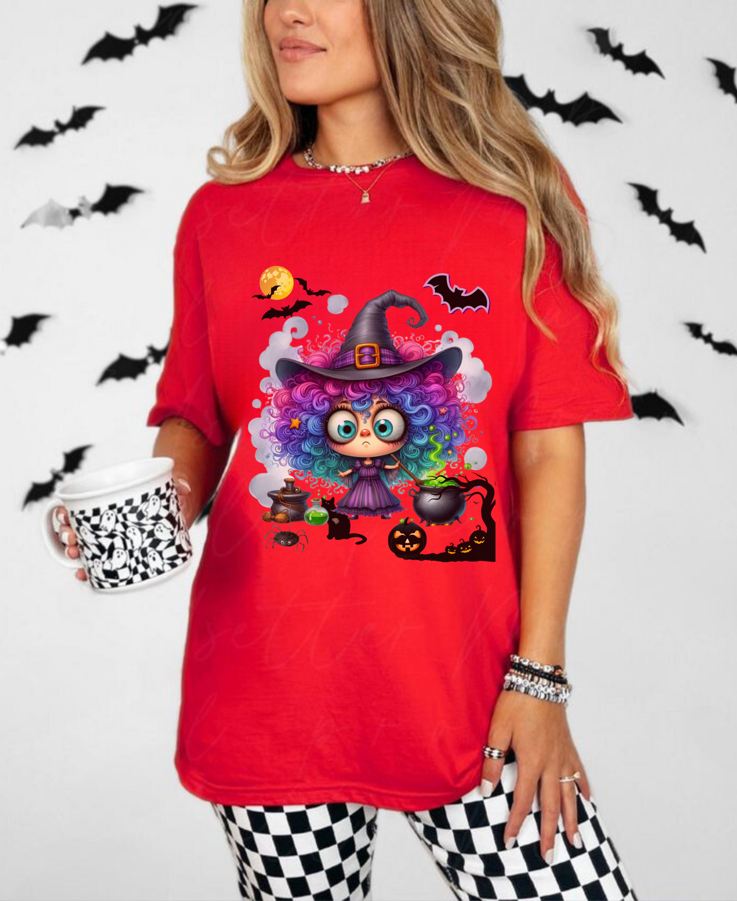 Halloween girl shirt with ghost design on red tee, featuring a cute witch illustration, perfect for spooky season fashion.