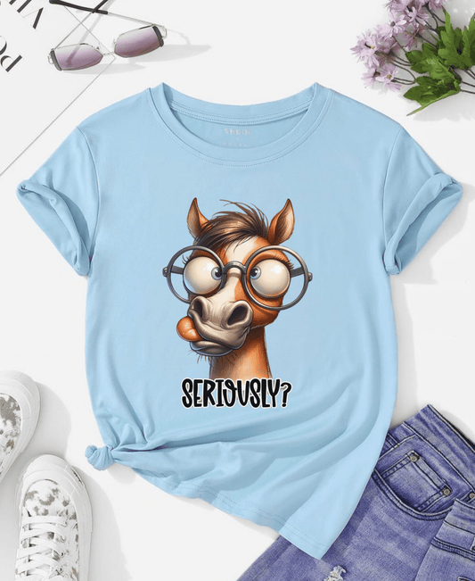 Funny horse graphic unisex heavy cotton tee with "Seriously?" design, featuring a humorous horse illustration.