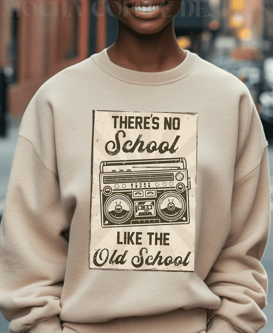 Model wearing a Retro Crewneck Sweatshirt with the text "There's No School Like the Old School", styled in a vintage streetwear look.