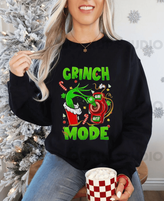 Grinch Mode On Christmas Sweatshirt with festive design, perfect funny Grinch gift.