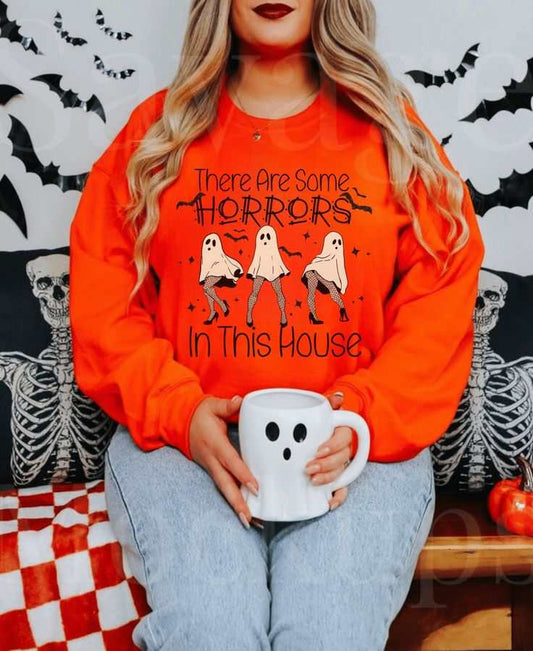 Funny Halloween Sweatshirt featuring ghost design and "There's Some Horrors in This House" text.