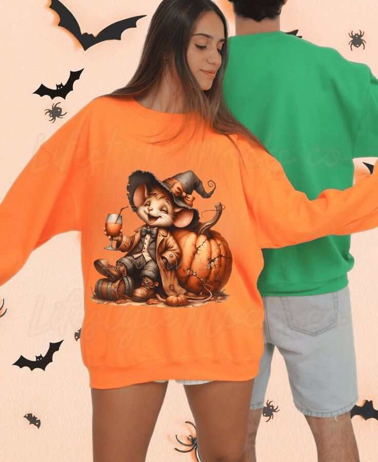 Funny Mouse Halloween Sweetshirt featuring cute mouse design on orange sweatshirt.