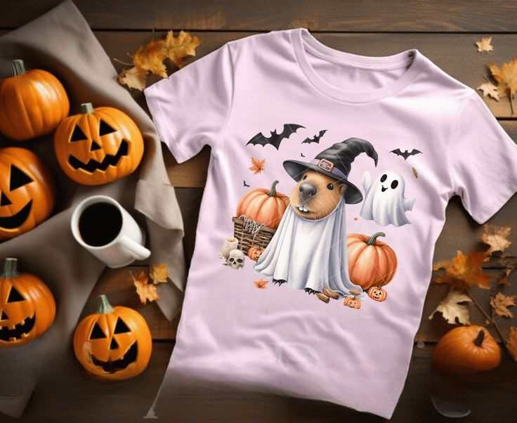 Cute Halloween Capybara T-Shirt featuring spooky capybaras with pumpkins, perfect for fall and Halloween lovers who enjoy fun animal-themed apparel