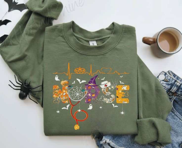 Halloween sweatshirt for nurses featuring a pumpkin nurse graphic, ideal for spooky and cute Halloween style.