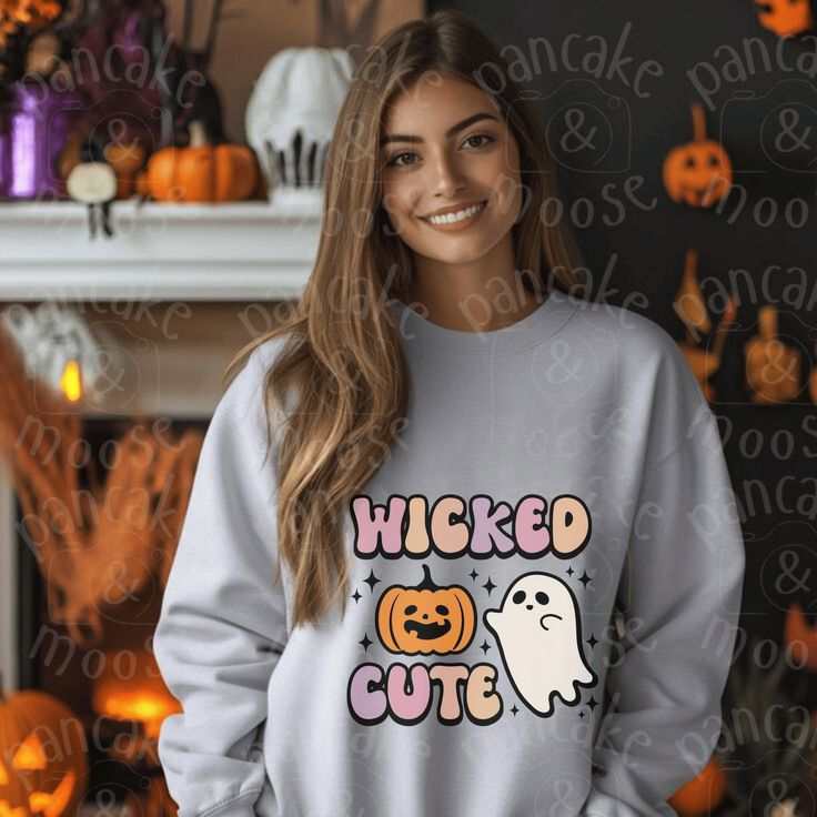 Wicked Cute Halloween Sweatshirt for women with ghost and pumpkin design.